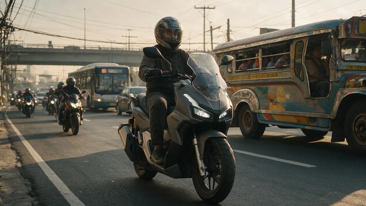 Motorcycle commute Manila: a rider on a Honda ADV 160 in stop-and-go traffic beside a jeepney and a city bus