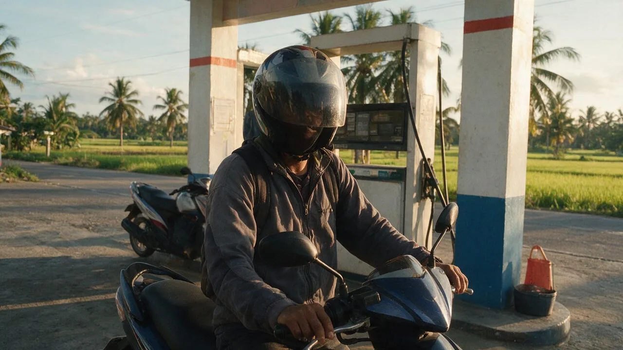 A rider stopped at a small provincial gas station at golden hour
