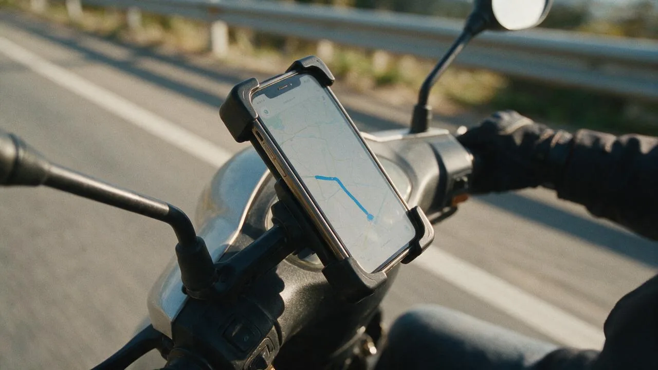 A motorcycle ride tracker app on a phone in a handlebar mount