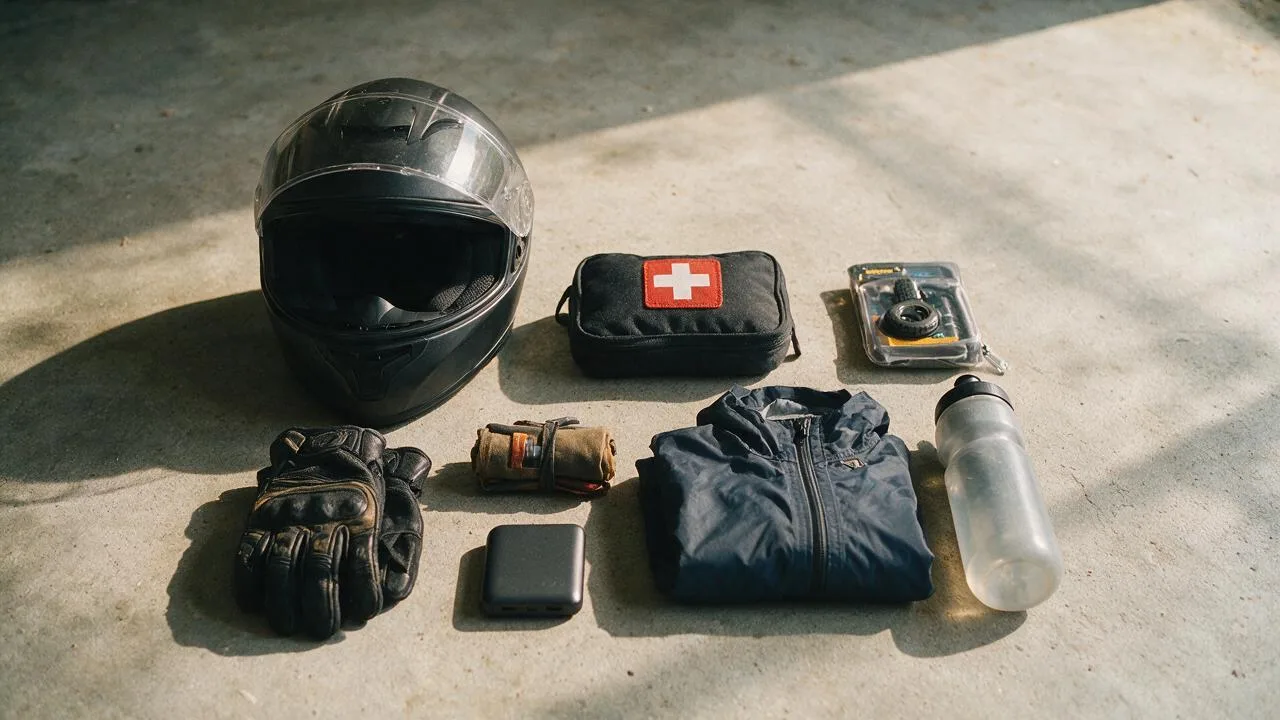 Solo motorcycle ride safety essentials laid out: helmet, gloves, first aid and repair kits