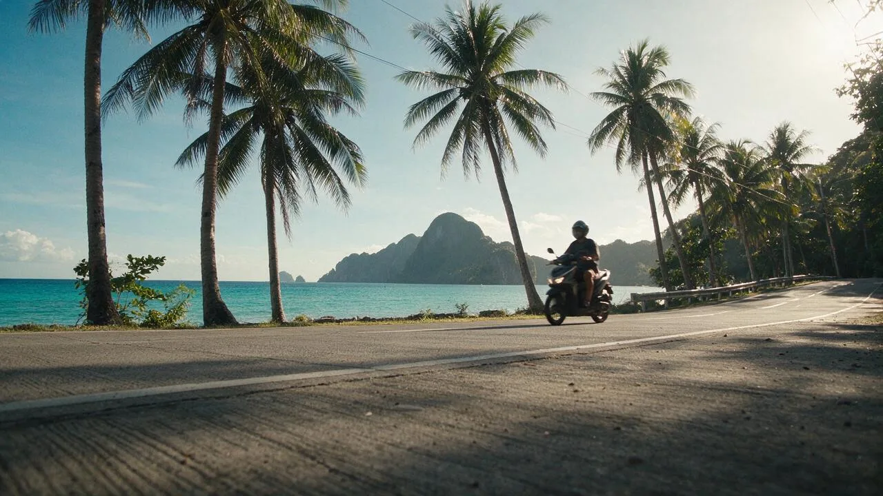 A rider on a scooter on a quiet coastal road with the sea and palm trees beside it
