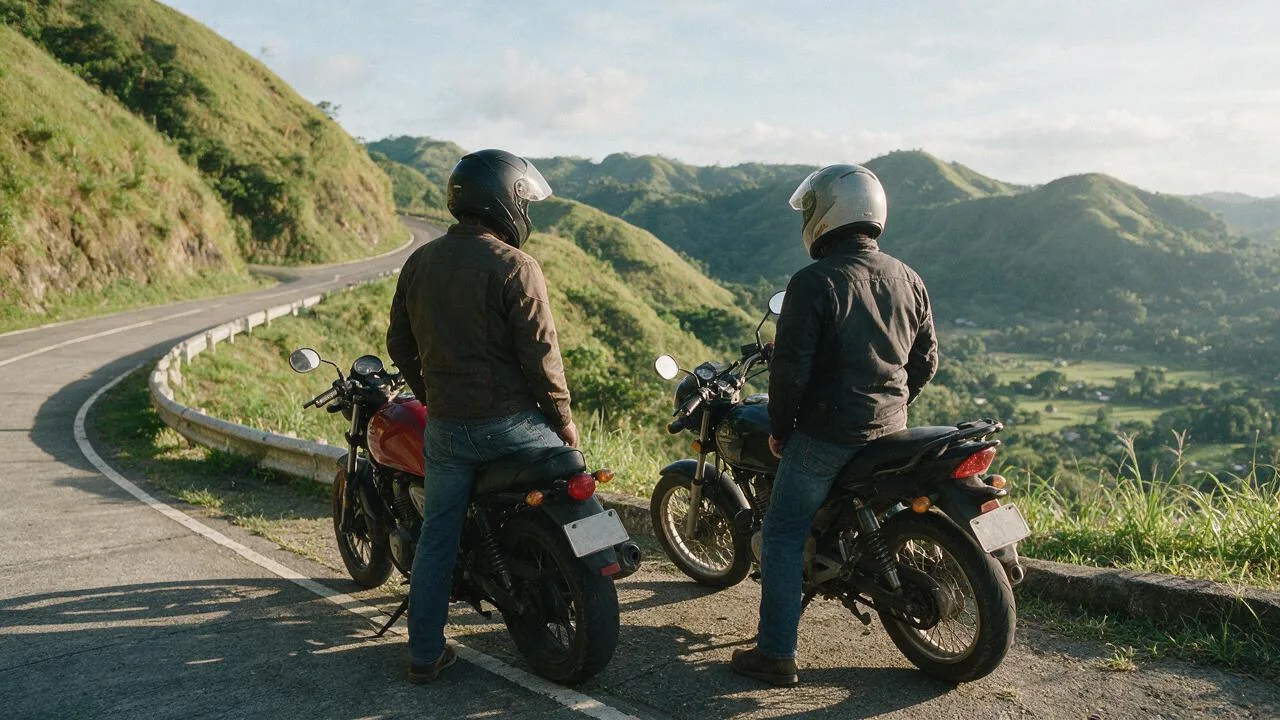Two riders resting at a roadside viewpoint in the Philippines with their motorcycles