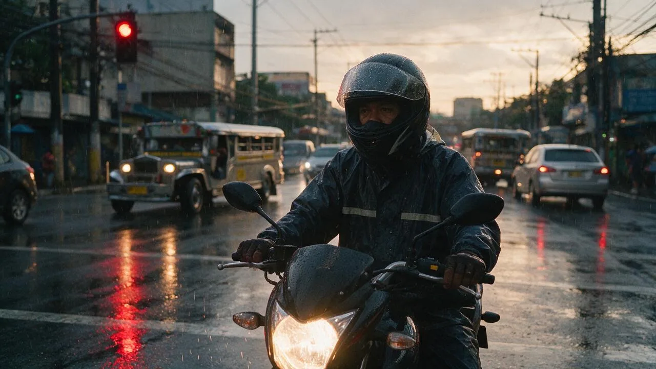 A rider in a rain jacket stopped at a red light on a wet Metro Manila street at dusk