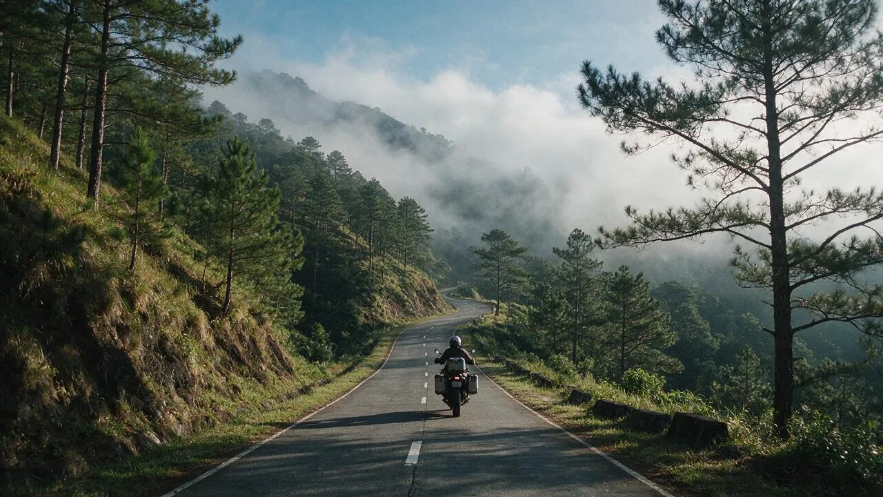 A lone rider on a foggy mountain road through pine forest